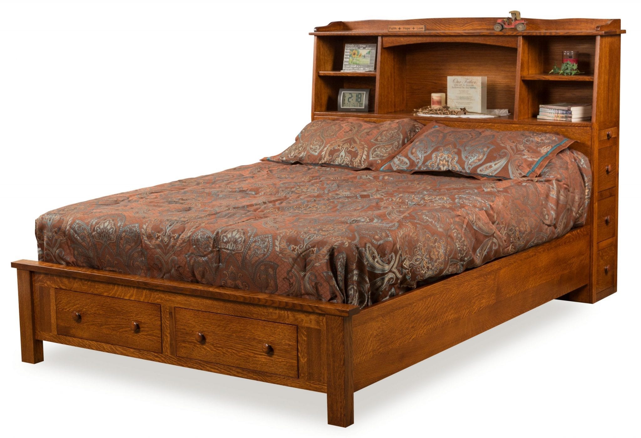 Кровать двуспальная деревянная с полками